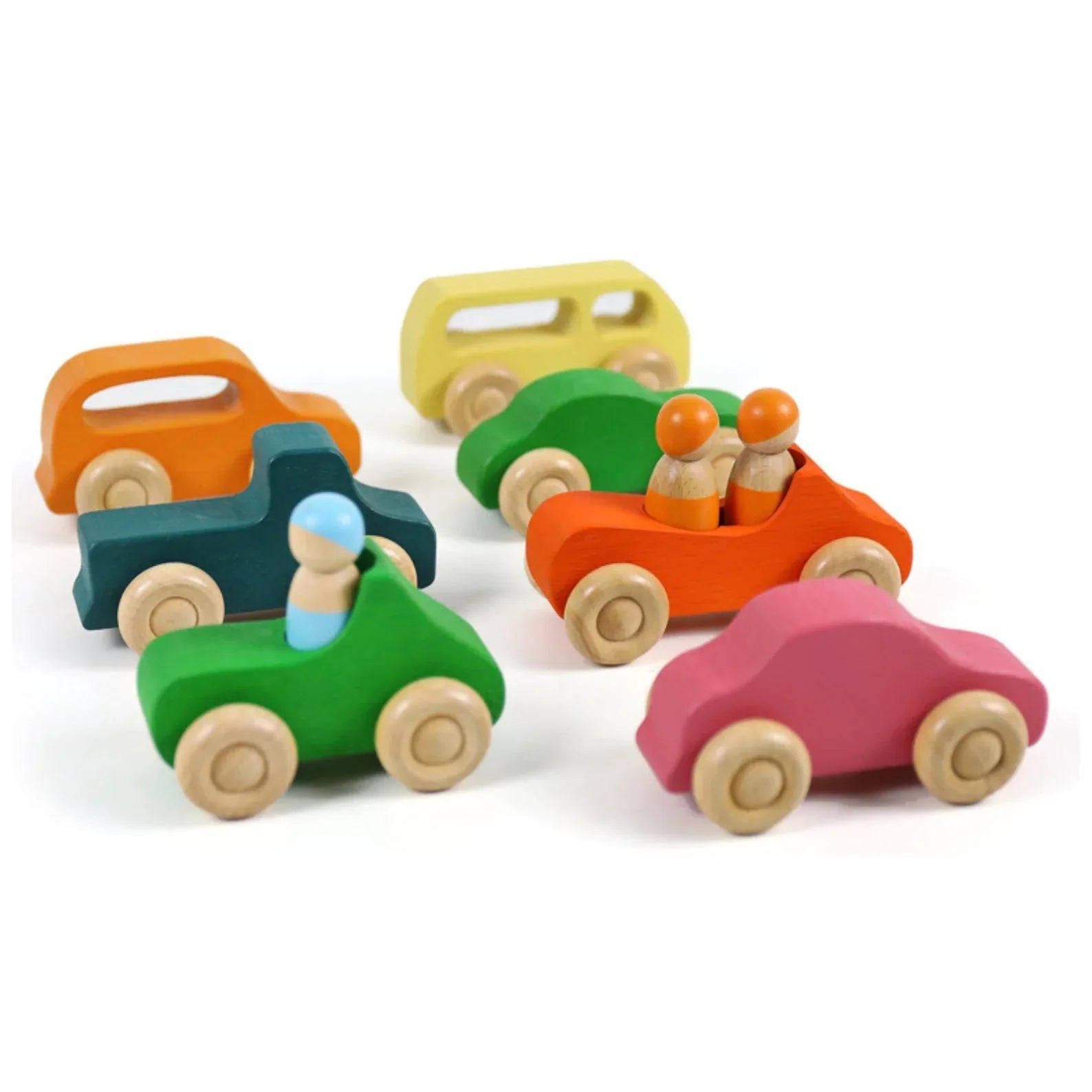 7 Pcs Colored Wooden Rainbow Cars Set with 3 Peg Dolls - BIG FRENCHIES
