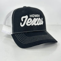 Howdy Texas on a Black White Mesh SnapBack Hat Cap Custom Embroidered