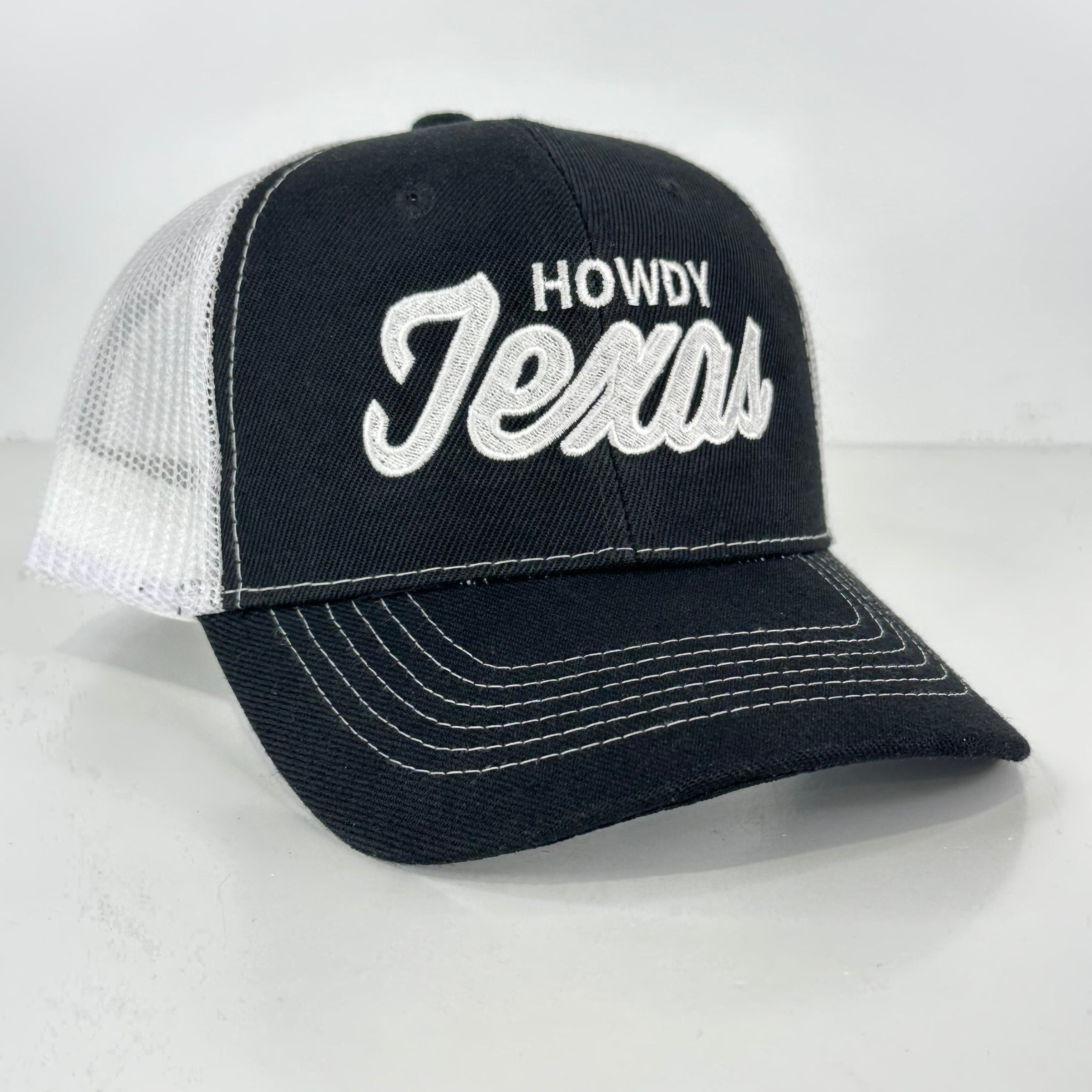 Howdy Texas on a Black White Mesh SnapBack Hat Cap Custom Embroidered