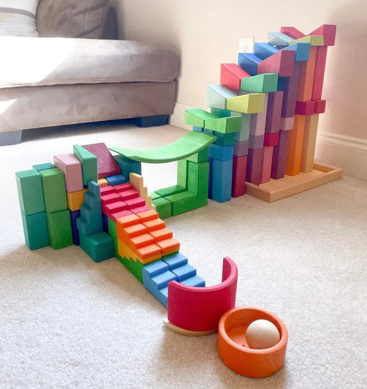 12-Piece Stained Stepped Roof Building Block Set — Primary Rainbow Colors - BIG FRENCHIES