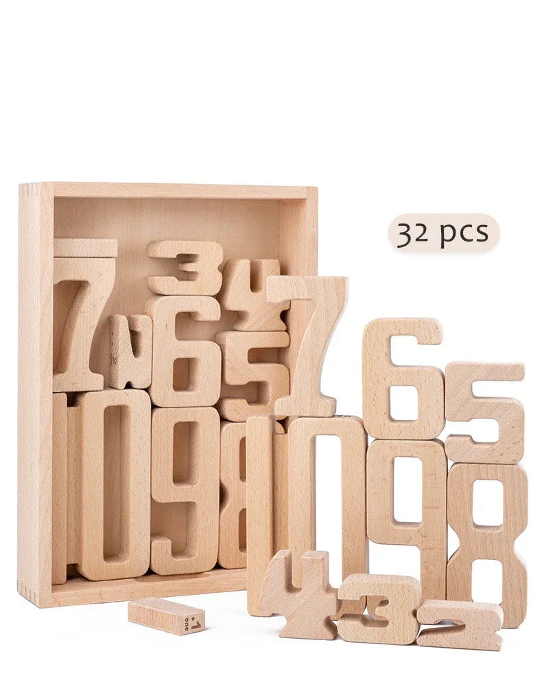 32 Pcs Wooden Math Number Building Blocks Set with Tray - BIG FRENCHIES