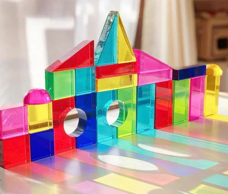 28 Pcs Rainbow Translucent Acrylic Sensory Building Blocks with Storage Tray - BIG FRENCHIES