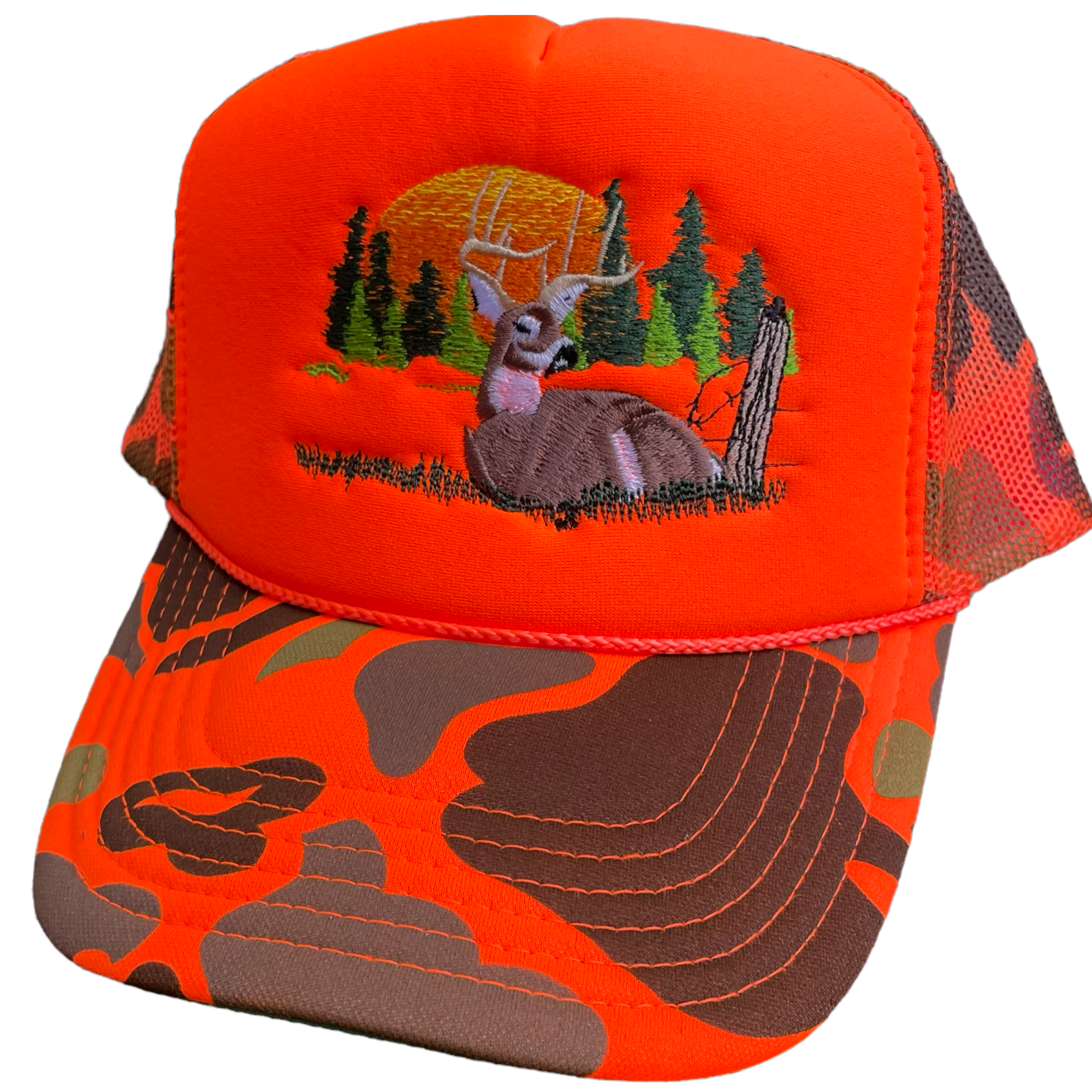 Deer Hunting Season Orange Camo Mesh Trucker Snapback Cap Hat Custom Embroidered