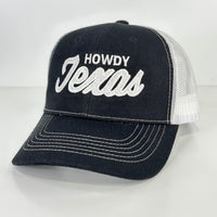 Howdy Texas on a Black White Mesh SnapBack Hat Cap Custom Embroidered