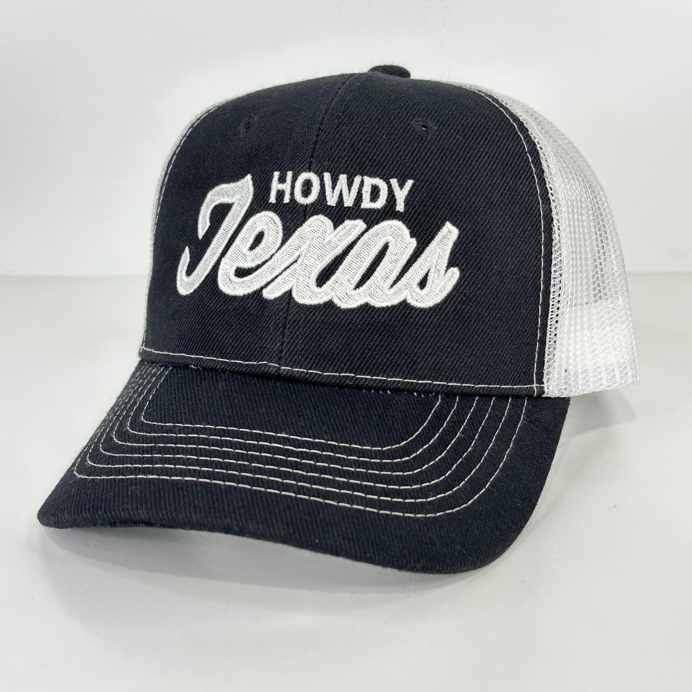 Howdy Texas on a Black White Mesh SnapBack Hat Cap Custom Embroidered