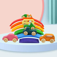 7 Pcs Colored Wooden Rainbow Cars Set with 3 Peg Dolls - BIG FRENCHIES