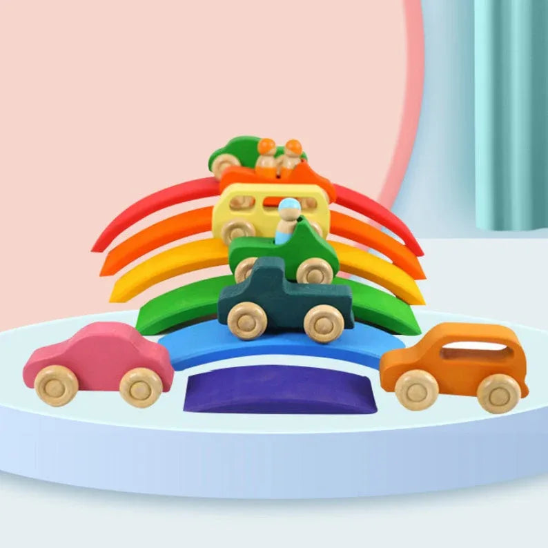 7 Pcs Colored Wooden Rainbow Cars Set with 3 Peg Dolls - BIG FRENCHIES