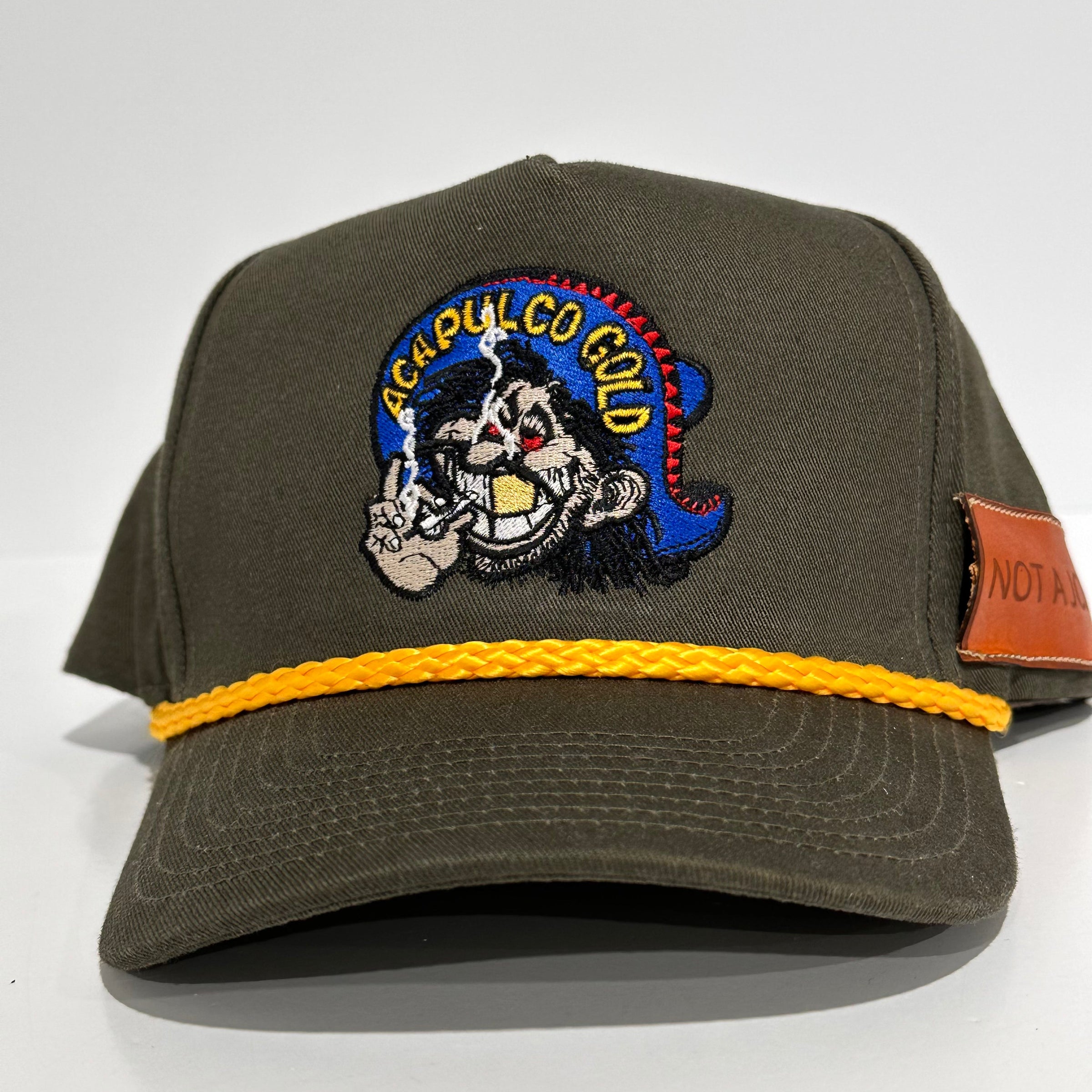 ACAPULCO GOLD With Sewed on Side Leather Pocket Army Green Rope Tall Crown Mesh Back Trucker SnapBack Cap Hat Custom Embroidered