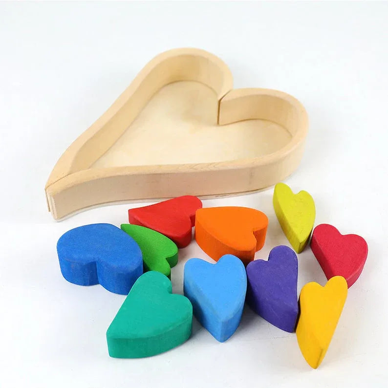 **Pre-order (Ships in 2-3 Weeks)**10-Piece Stained Wooden Rainbow Heart Stacking Puzzle Blocks - BIG FRENCHIES