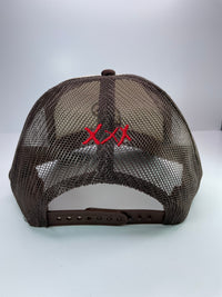 Moonshine XXX custom embroidered tan and brown trucker snapback cap