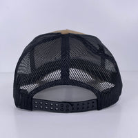 Juggernaut Outdoors Custom Embroidered tan and black mesh trucker SnapBack