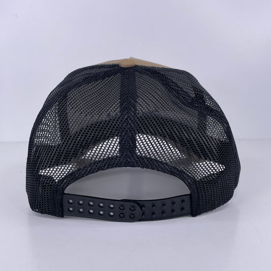 Juggernaut Outdoors Custom Embroidered tan and black mesh trucker SnapBack