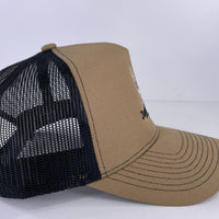 Juggernaut Outdoors Custom Embroidered tan and black mesh trucker SnapBack