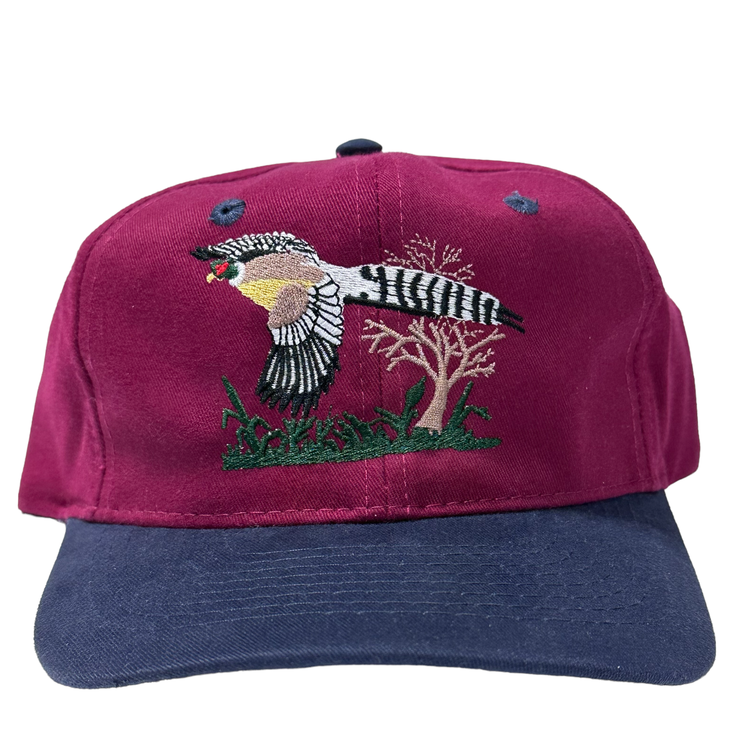 Pheasant on a Vintage Burgundy Mid Crown Strapback Cap Hat Custom Embroidered