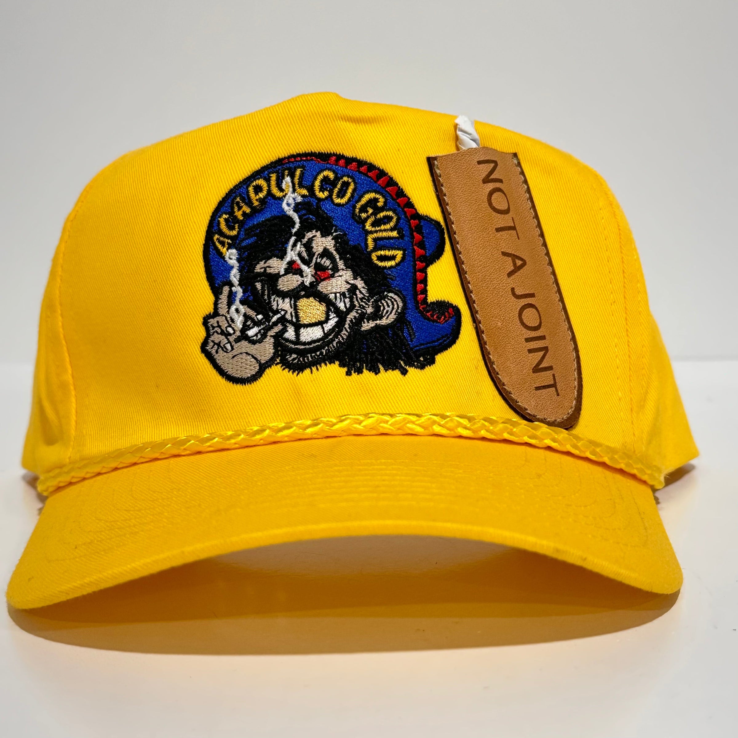 ACAPULCO GOLD With Sewed on Front Leather Pocket Vintage Yellow Rope Golf Mid Crown SnapBack Cap Hat Custom Embroidered