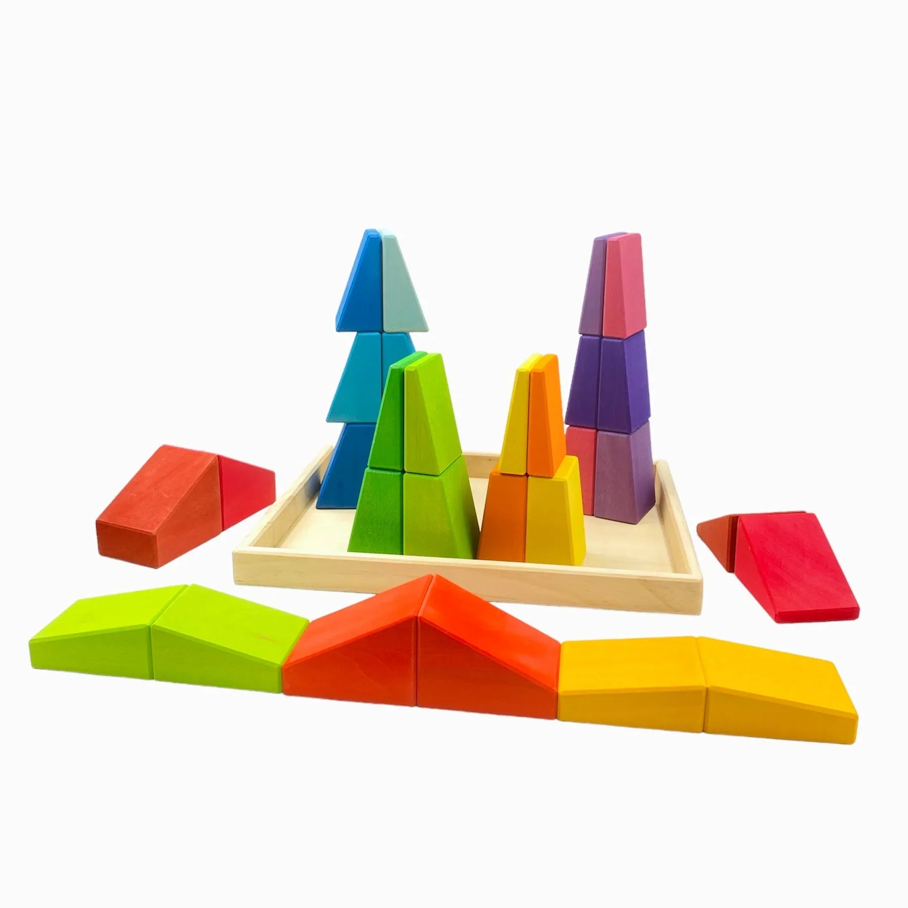 **Pre-order (Ships in 2-3 Weeks)**30 Pcs Stained Wooden Sloping Blocks – Primary Rainbow Colors with Storage Tray - BIG FRENCHIES