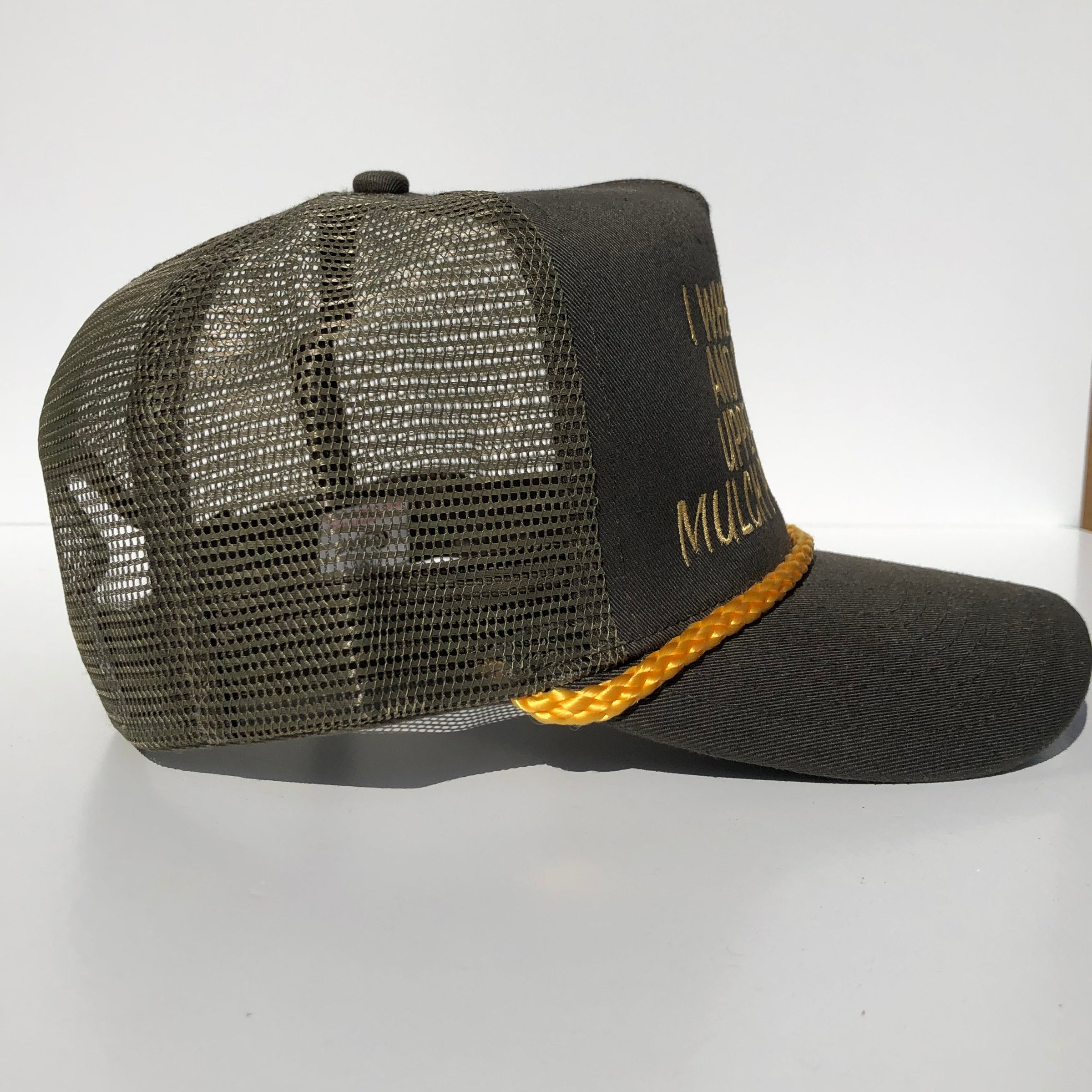 I wheel milfs and toss in upper decky mulch piles ferda custom embroidered SnapBack olive and gold rope mesh SnapBack