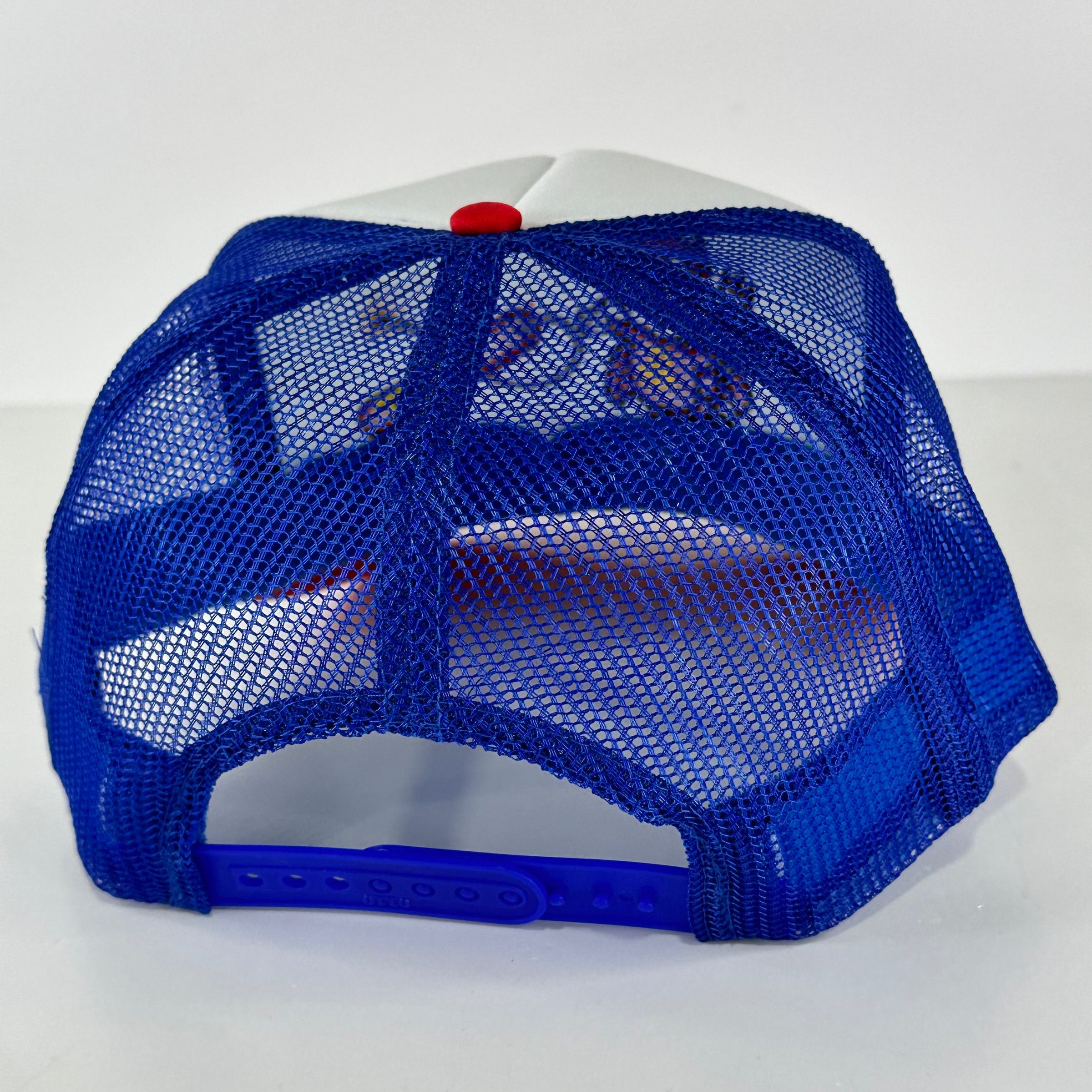 Lil red TNT on a red white blue mesh trucker hat Collab TNT fireworks Custom Embroidered