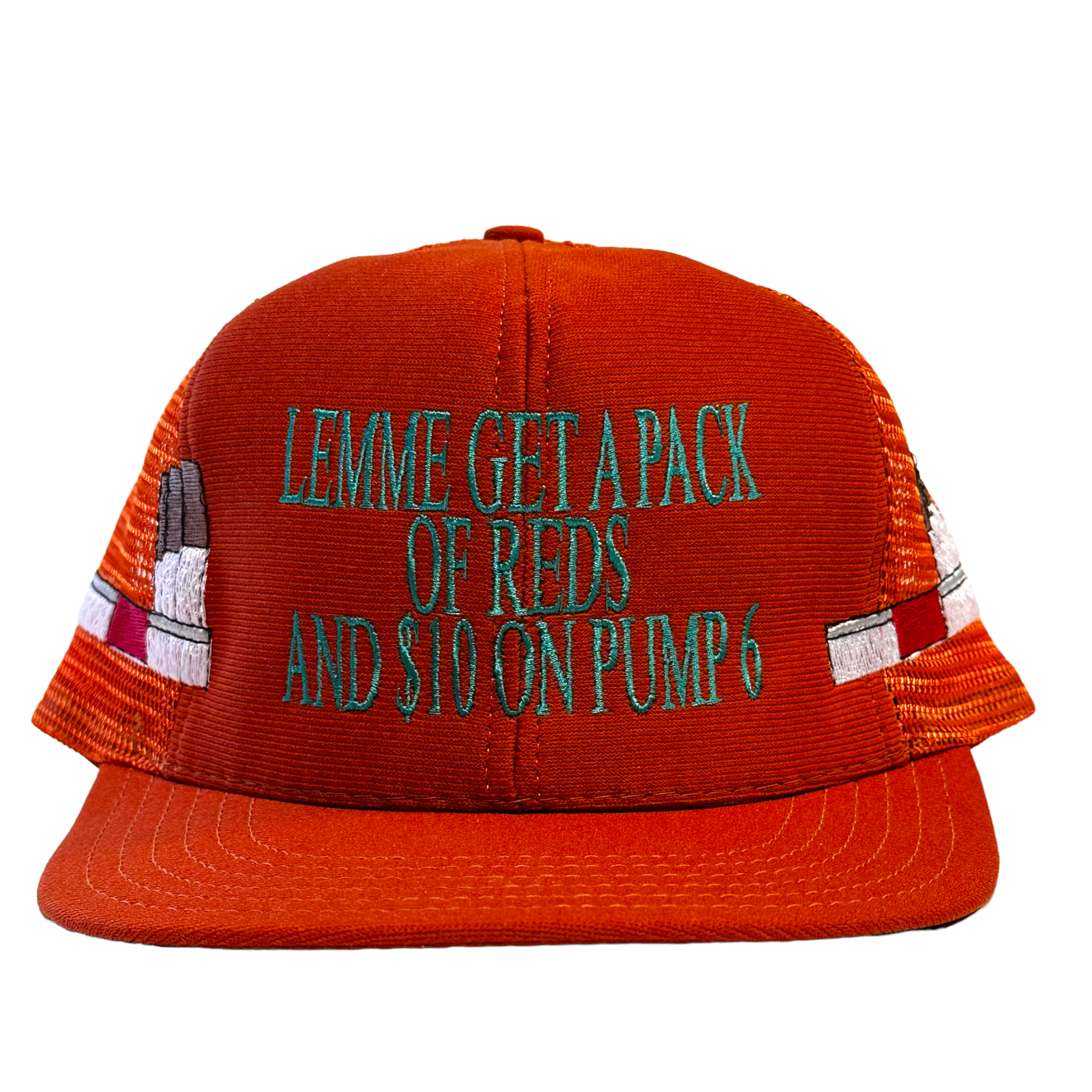 Burnt Orange Pack Of Reds 90s Vintage Mesh Tall Crown Trucker SnapBack Cap Hat Made In USA Pack of Cigarettes Funny Meme Custom Embroidered