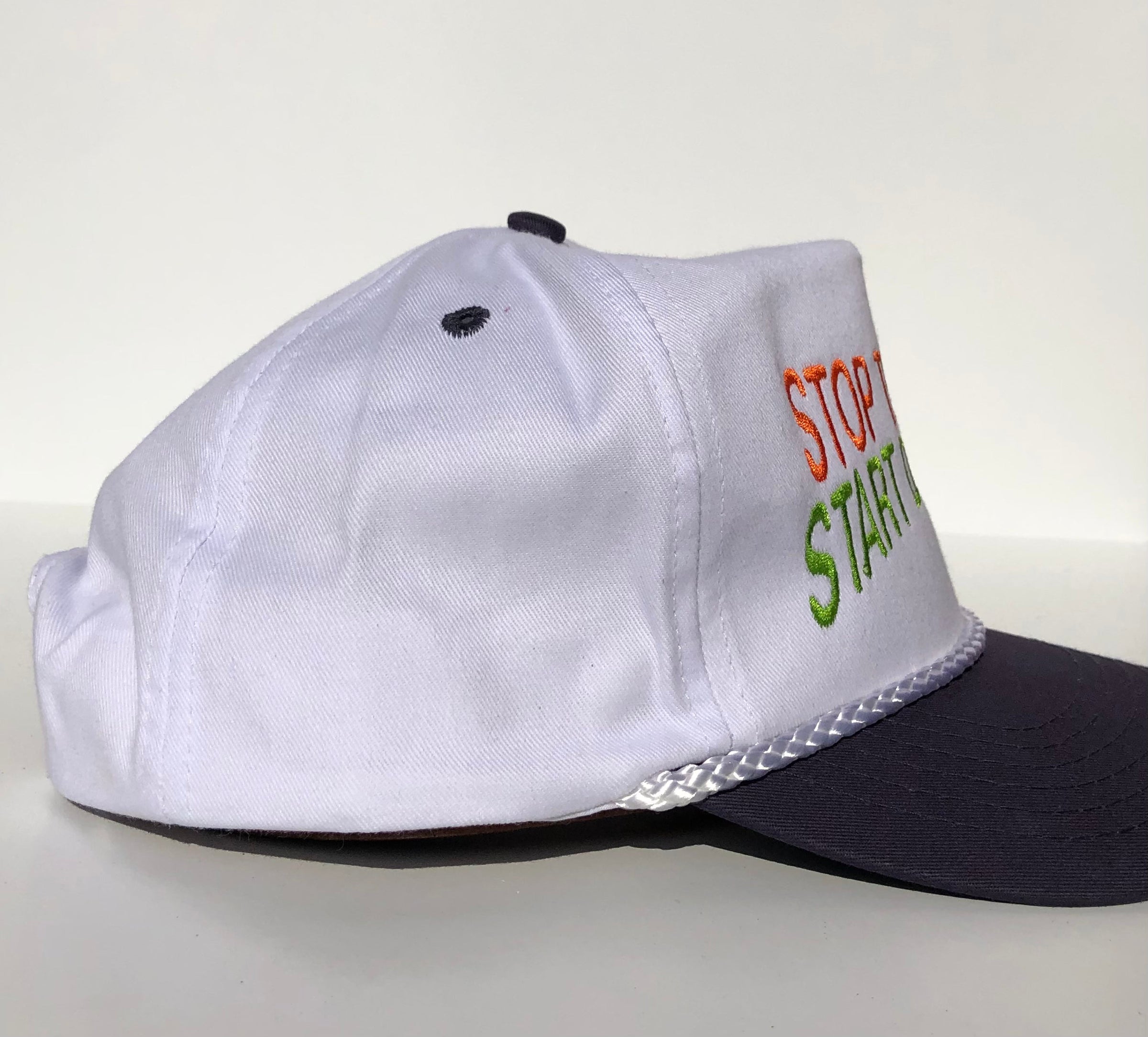 Stop Thinking Start Drinking Custom Embroidered Rope white/navy SnapBack hat cap vintage