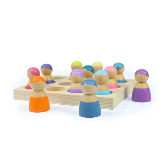 12-Piece Pastel Rainbow Peg Doll People with Sorting Tray – Macaron Colors - BIG FRENCHIES