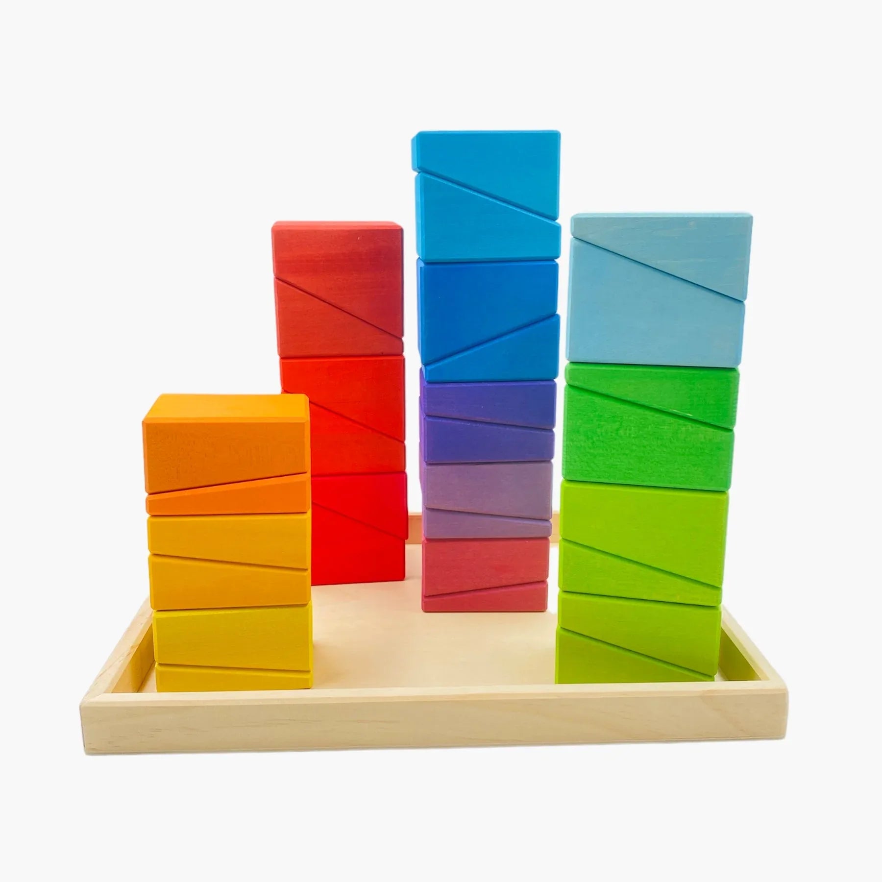 **Pre-order (Ships in 2-3 Weeks)**30 Pcs Stained Wooden Sloping Blocks – Primary Rainbow Colors with Storage Tray - BIG FRENCHIES