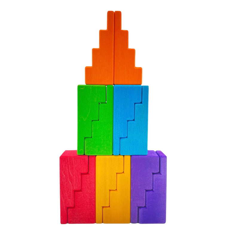 12-Piece Stained Stepped Roof Building Block Set — Primary Rainbow Colors - BIG FRENCHIES