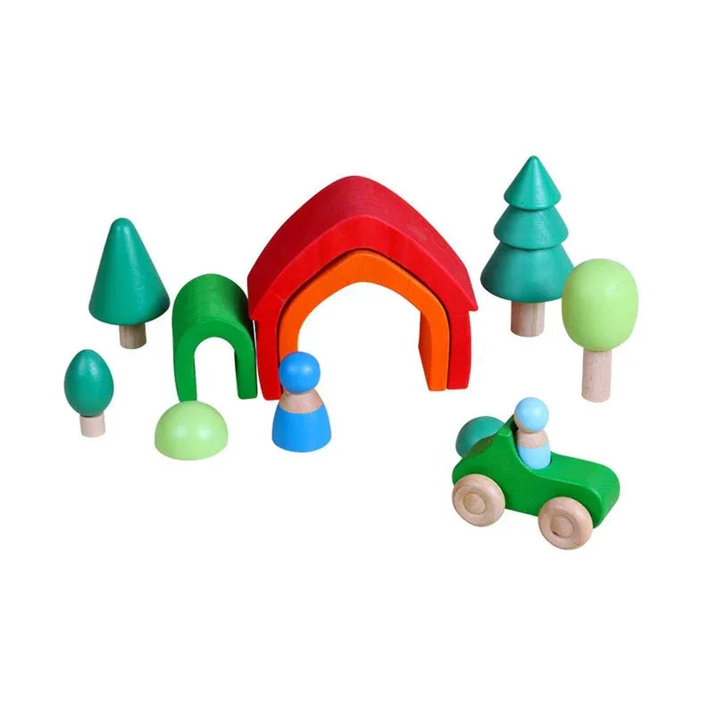 7 Pcs Colored Wooden Rainbow Cars Set with 3 Peg Dolls - BIG FRENCHIES