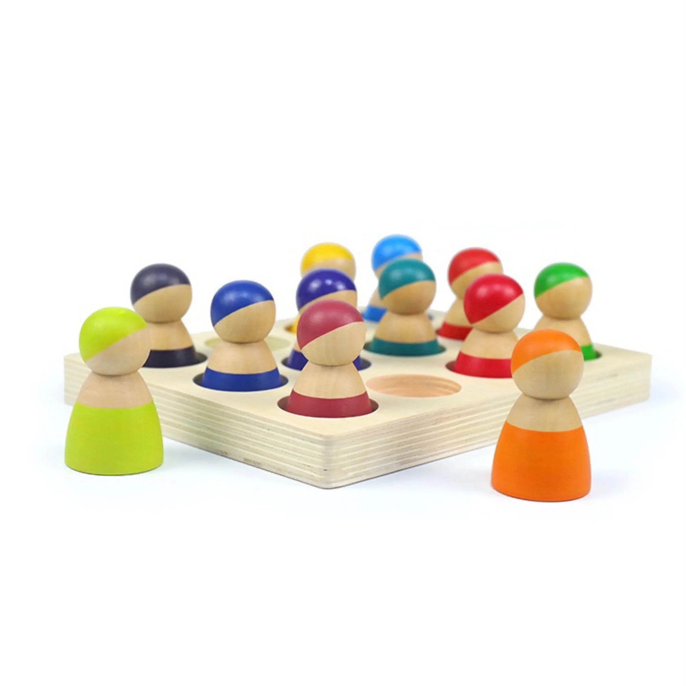 12-Piece Rainbow Peg Doll People with Sorting Tray – Primary Colors - BIG FRENCHIES