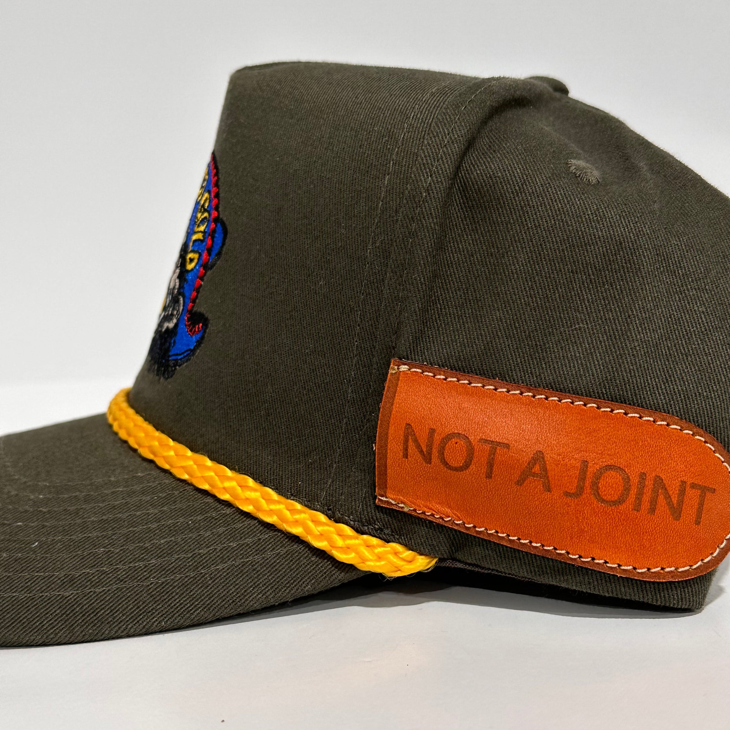 ACAPULCO GOLD With Sewed on Side Leather Pocket Army Green Rope Tall Crown Mesh Back Trucker SnapBack Cap Hat Custom Embroidered