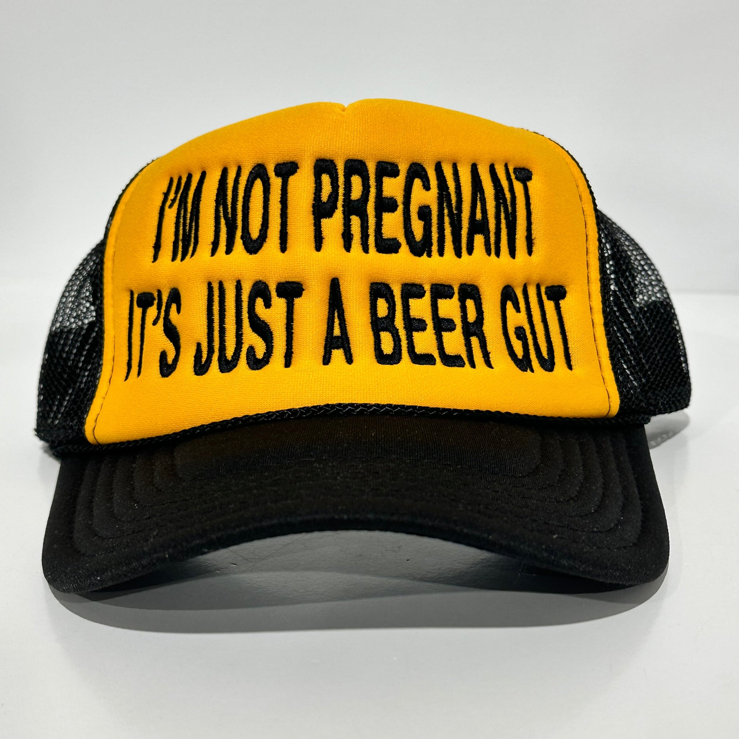 IM NOT PREGNANT ITS JUST A BEER GUT Black Mesh SnapBack Trucker Cap Funny Beer Drinking Hat Custom Embroidered Collab Cut The Activist