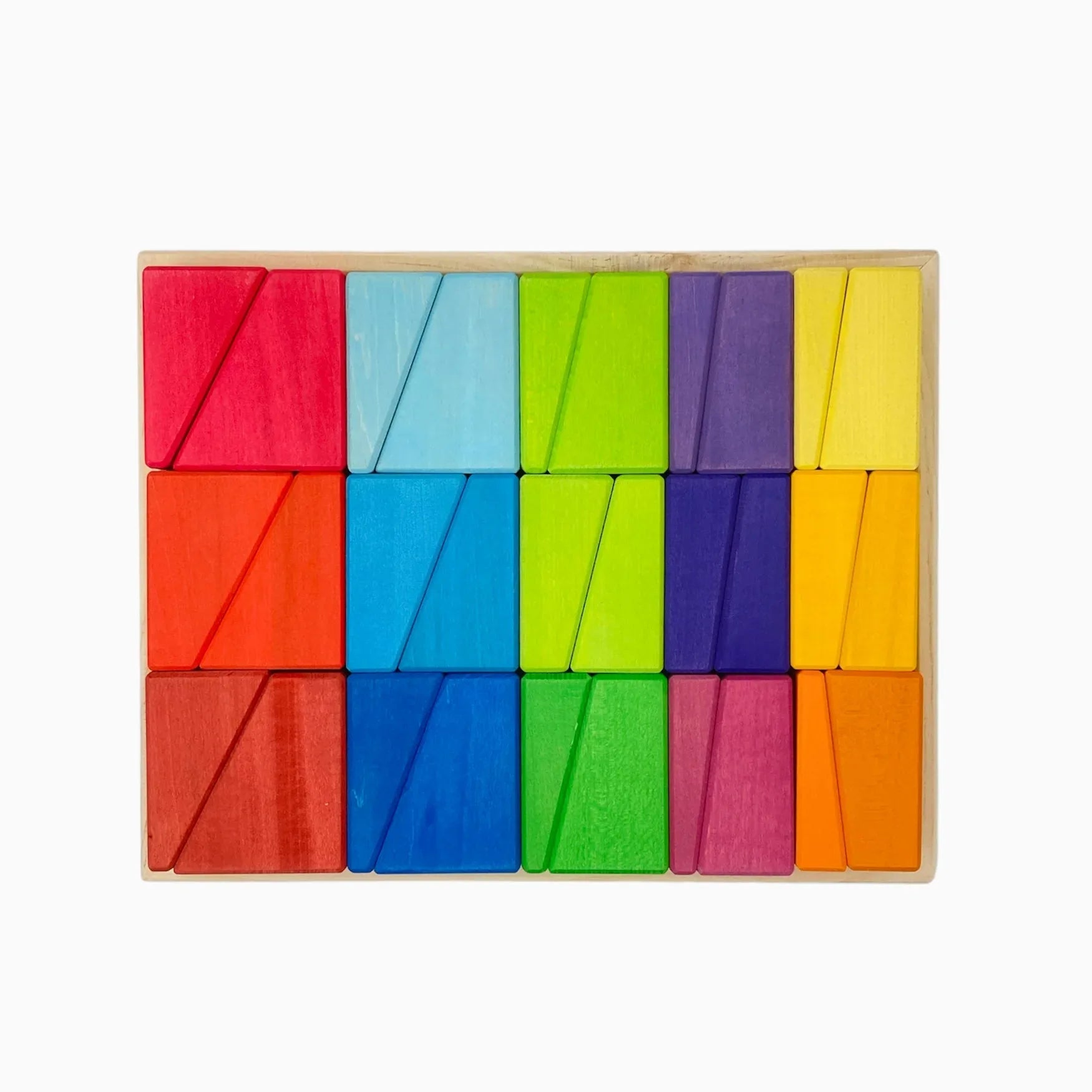 **Pre-order (Ships in 2-3 Weeks)**30 Pcs Stained Wooden Sloping Blocks – Primary Rainbow Colors with Storage Tray - BIG FRENCHIES