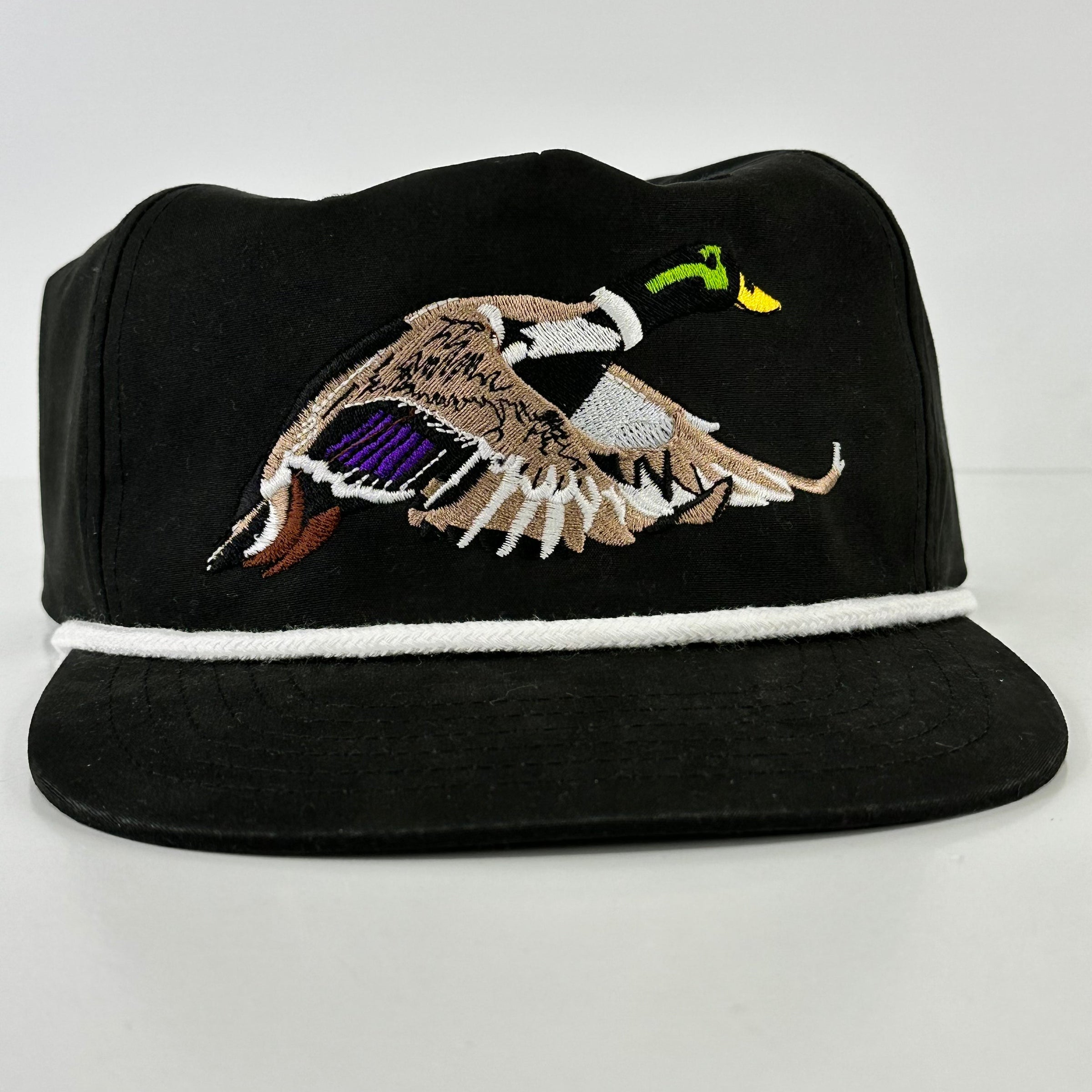 Mallard Duck White Rope Black SnapBack Cap Hat Custom Embroidered