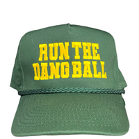 RUN THE DANG BALL Yellow and Green on a Vintage Rope Green Snapback Cap Hat Custom Embroidered