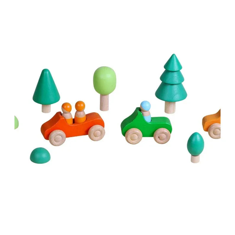 7 Pcs Colored Wooden Rainbow Cars Set with 3 Peg Dolls - BIG FRENCHIES