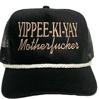 YIPPEE-KI-YAY White Rope Vintage Custom Embroidered Black Mesh Trucker Snapback Cap Hat