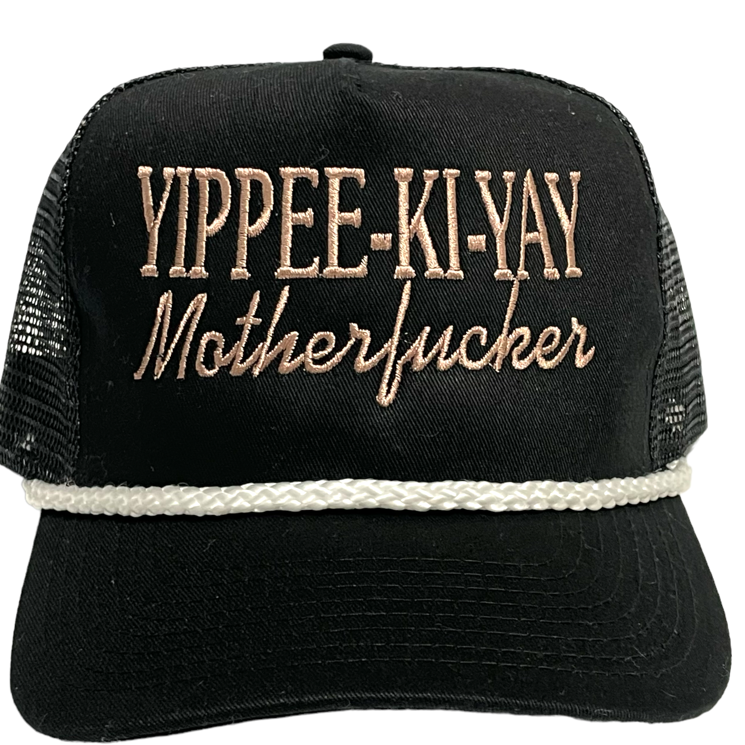 YIPPEE-KI-YAY White Rope Vintage Custom Embroidered Black Mesh Trucker Snapback Cap Hat