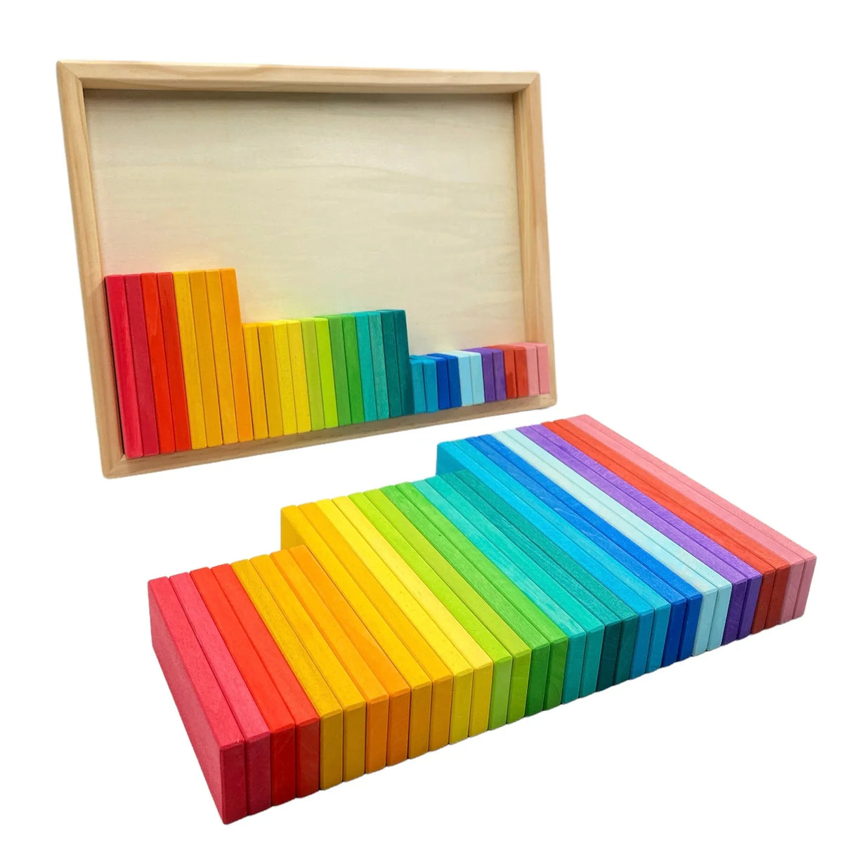 64 PCS STAINED Large Wooden Rainbow Building Slats with Storage Tray - BIG FRENCHIES