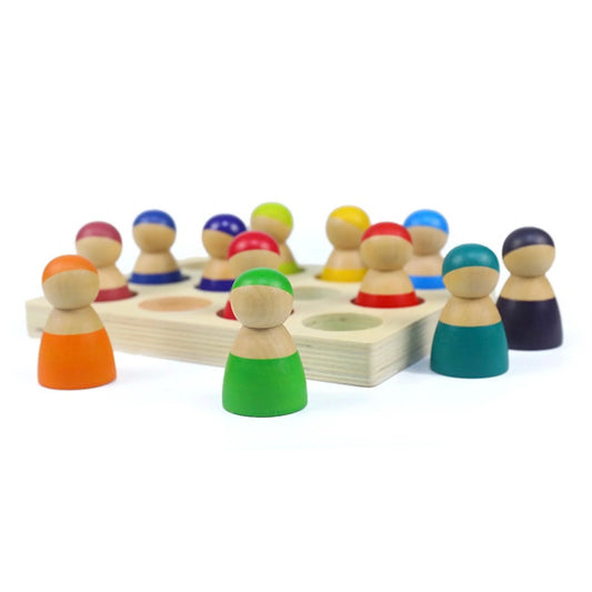12-Piece Rainbow Peg Doll People with Sorting Tray – Primary Colors - BIG FRENCHIES
