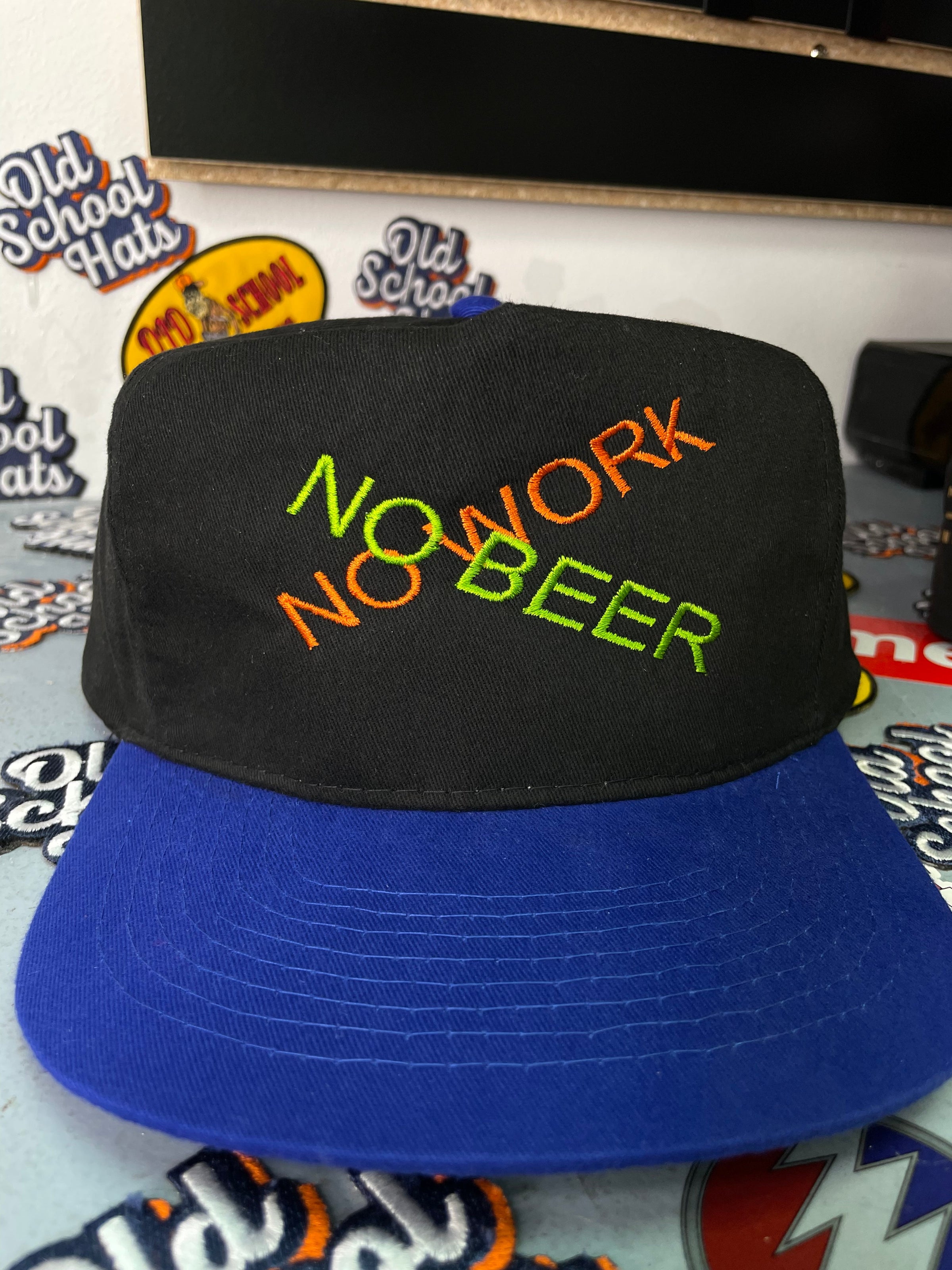 NO BEER NO WORK! Custom embroidered vintage hat strap back black and blue