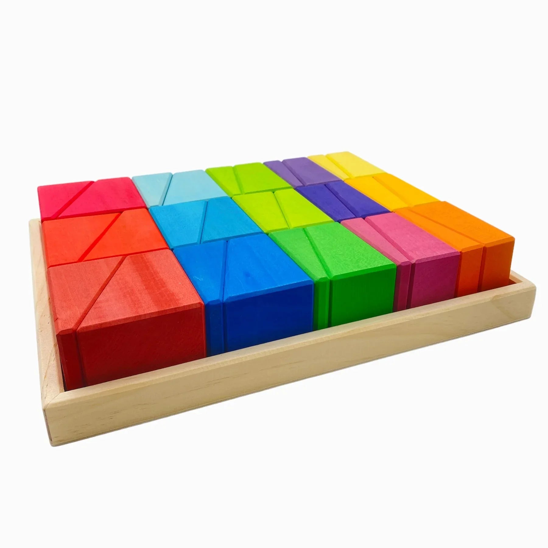 **Pre-order (Ships in 2-3 Weeks)**30 Pcs Stained Wooden Sloping Blocks – Primary Rainbow Colors with Storage Tray - BIG FRENCHIES