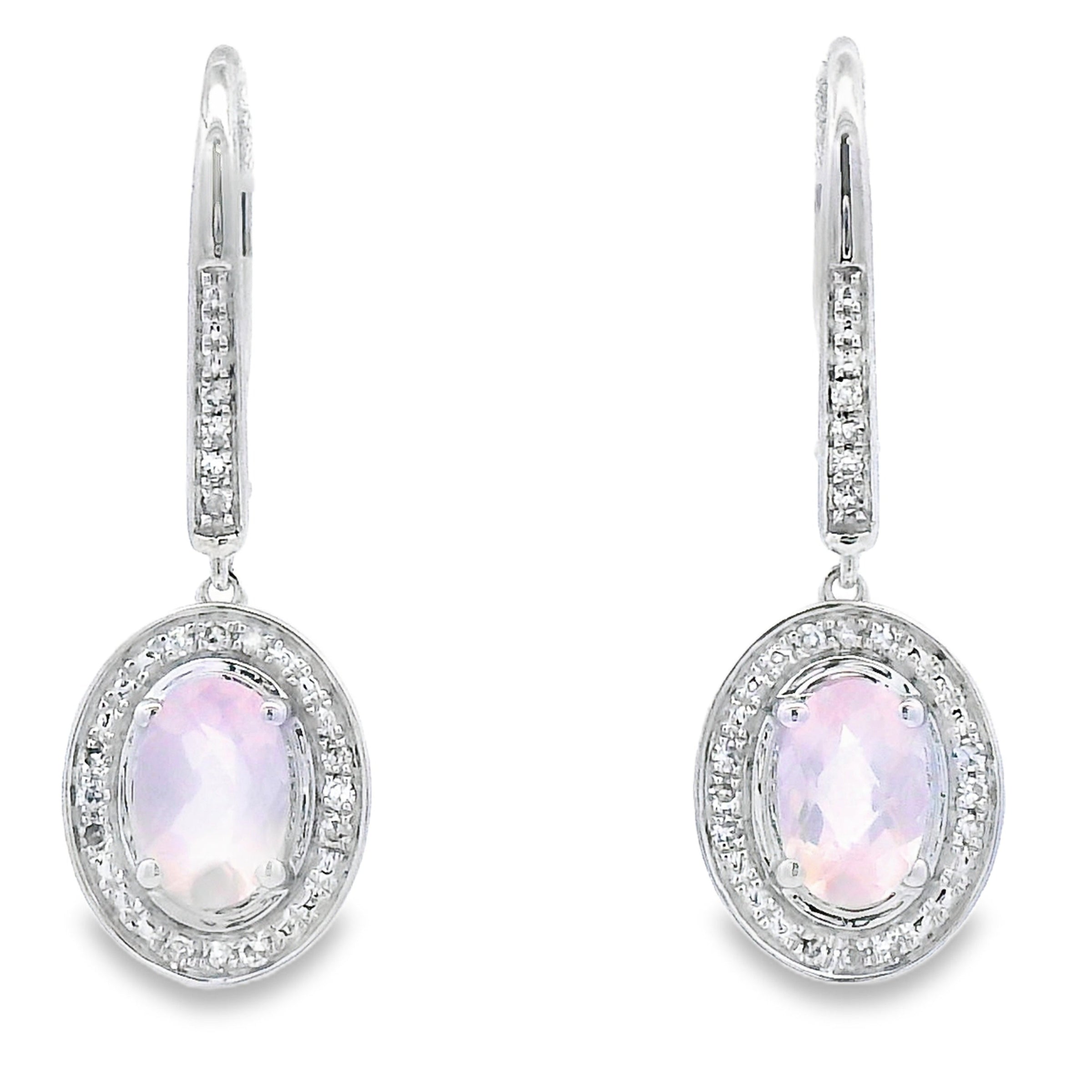 Rose Quartz Diamond Dangle Earrings 10KT White Gold