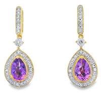 .88ct Amethyst Diamond Dangle Earrings 10KT Yellow Gold