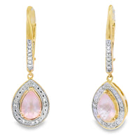 Rose Quartz Diamond Dangle Earrings 10KT Yellow Gold