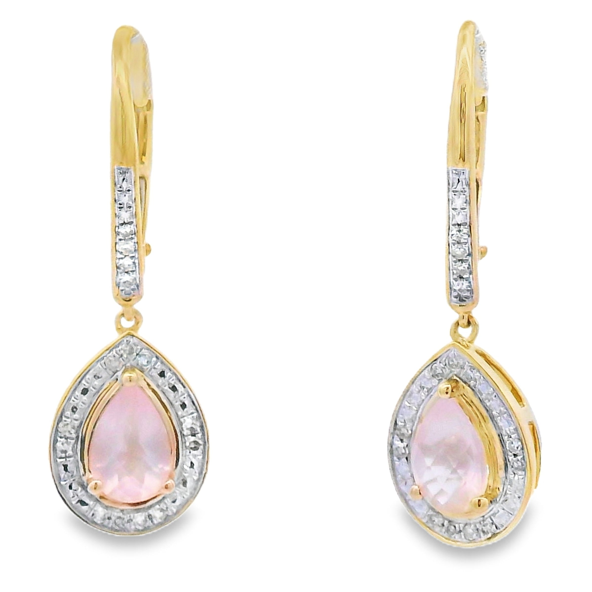 Rose Quartz Diamond Dangle Earrings 10KT Yellow Gold