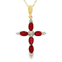 Ruby Diamond Cross Religious Pendant 10KT Yellow Gold