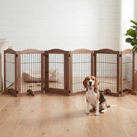 6-Panel Freestanding Solid Wood Dog Gate with Lockable Door, 132"L x 31.5"H – Foldable Pet Gate & Playpen, No Wall Mounting Required