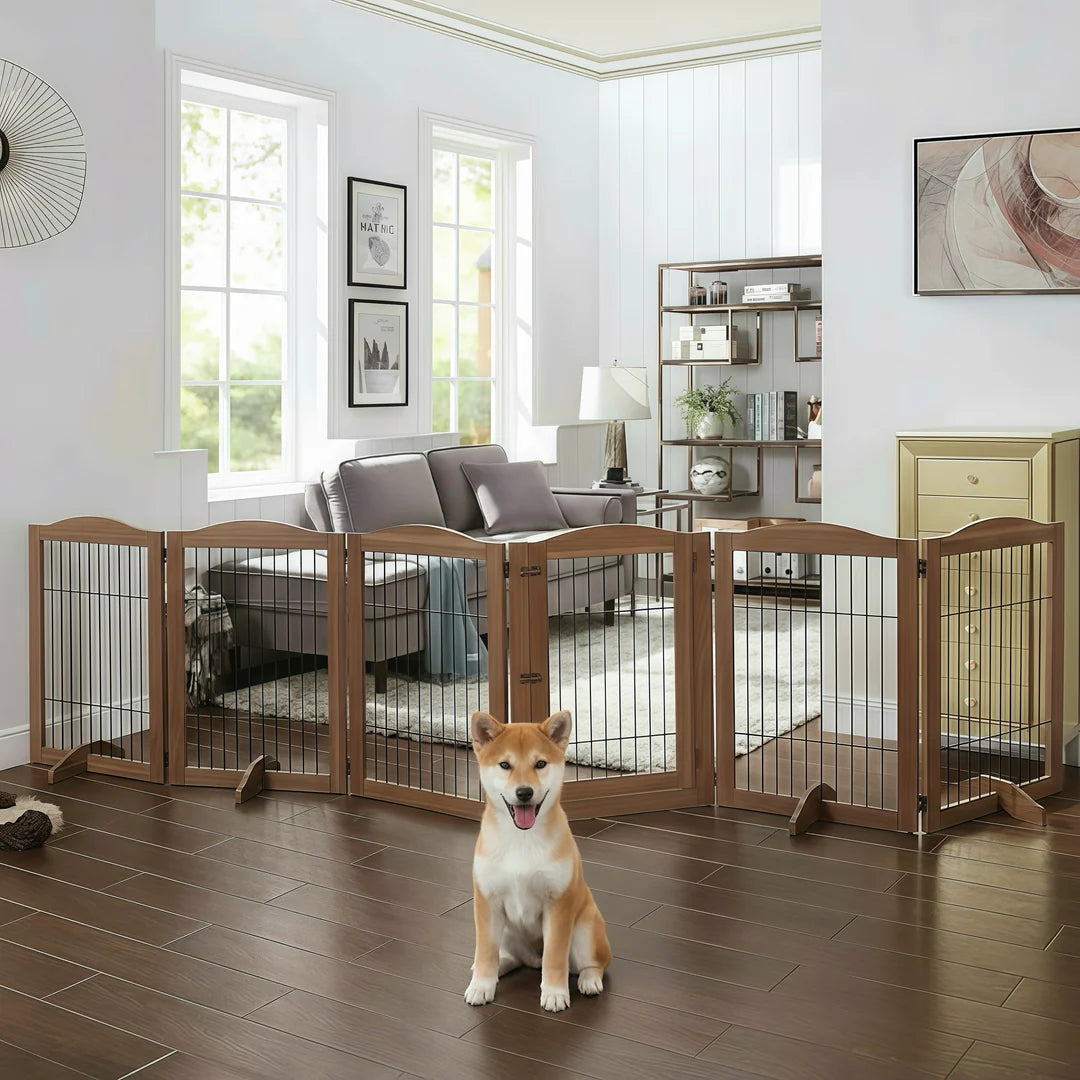 6-Panel Freestanding Solid Wood Dog Gate with Lockable Door, 132"L x 31.5"H – Foldable Pet Gate & Playpen, No Wall Mounting Required