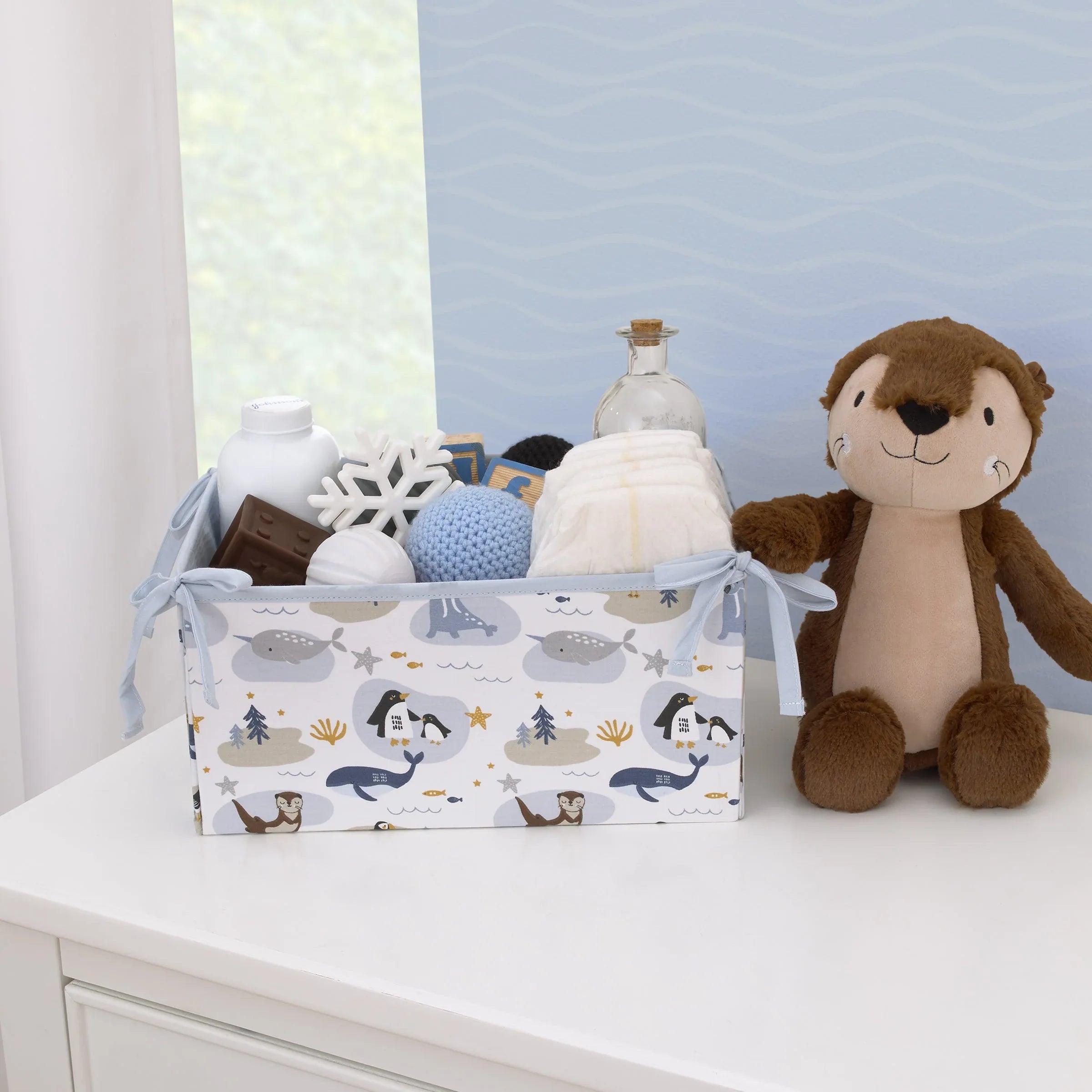 Arctic Adventure Light Blue, White, Taupe and Navy Whales, Walrus, and Otter 4 Piece Nursery Crib Bedding Set - Comforter, 100% Cotton Fitted Crib Sheet, Crib Skirt, and Storage Caddy - BIG FRENCHIES
