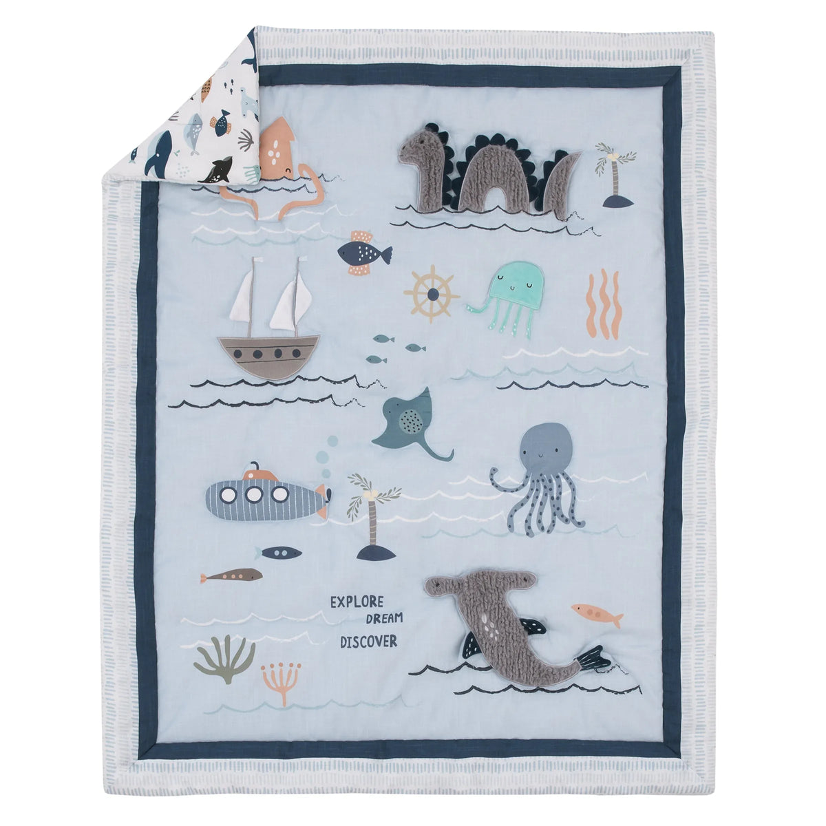 Explore Dream Discover Light Blue, Navy, Gray and Coral Ocean 4 Piece Nursery Crib Bedding Set - Comforter, 100% Cotton Fitted Crib Sheet, Crib Skirt and Nursery Organizer - BIG FRENCHIES